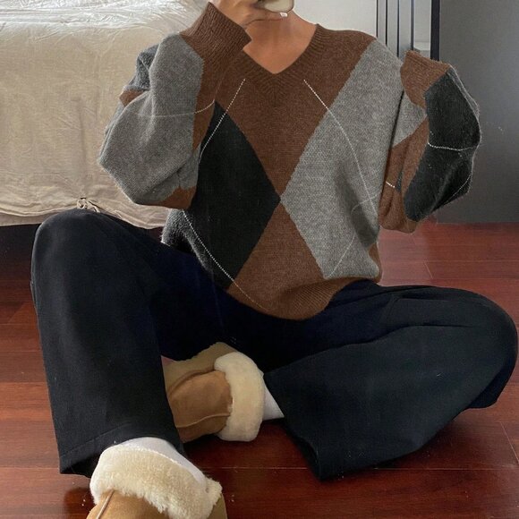 Coffee Brown Casual Women's Colorblock Loose Crew Neck Sweater - Picture 1 of 5